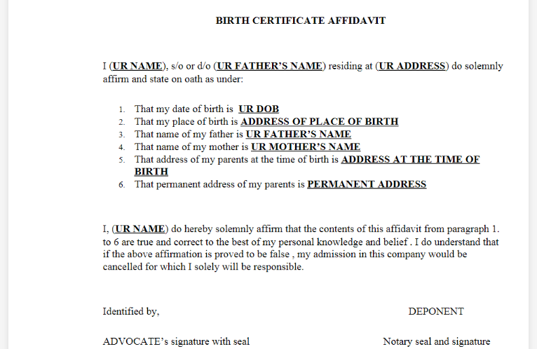 Birth Affidavit Format for TCS